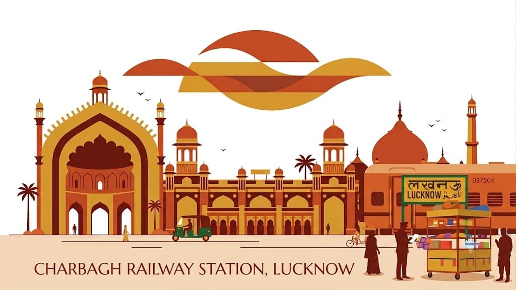 Taxi parked outside Lucknow Charbagh Railway Station's iconic chess-board architecture