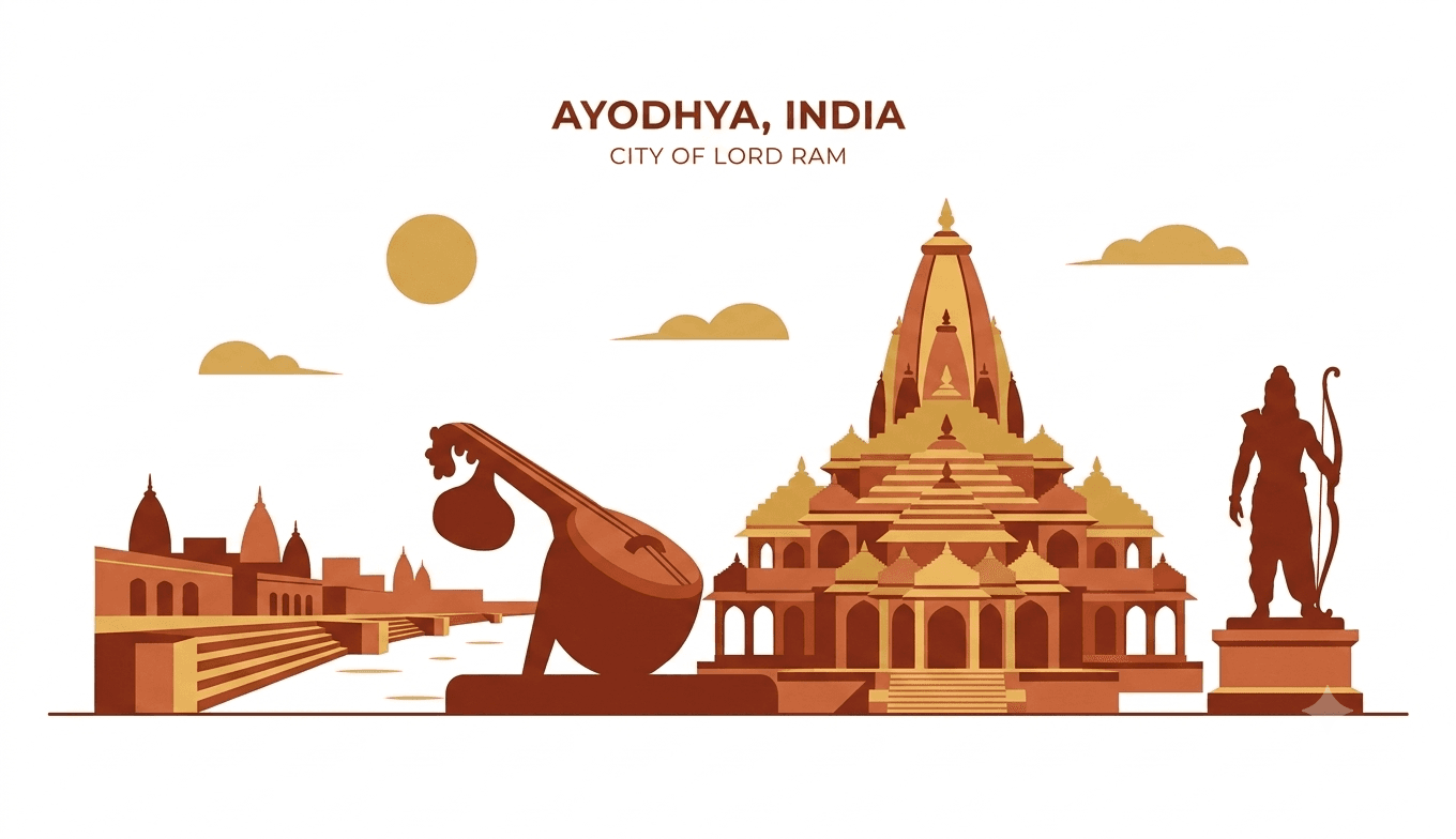 Taxi on the Lucknow to Ayodhya highway with Ram Mandir in the background